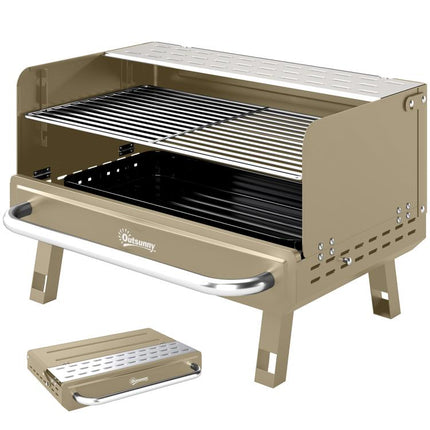 Portable BBQ Grill, Charcoal Barbecue Grill with Adjustable Grates, Foldable Legs, Side Shelf for Camping Travel, Khaki