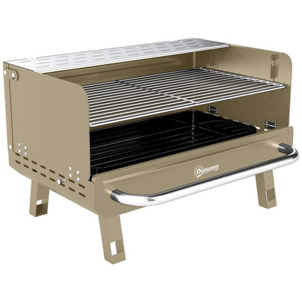 Portable BBQ Grill, Charcoal Barbecue Grill with Adjustable Grates, Foldable Legs, Side Shelf for Camping Travel, Khaki