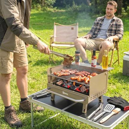 Portable BBQ Grill, Charcoal Barbecue Grill with Adjustable Grates, Foldable Legs, Side Shelf for Camping Travel, Khaki