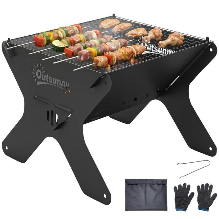 2-In-1 Portable BBQ Grill and Camping Fire Pit, Tabletop Charcoal Barbecue Grill with Gripper, Gloves and Carry Bag