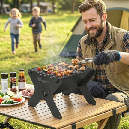 2-In-1 Portable BBQ Grill and Camping Fire Pit, Tabletop Charcoal Barbecue Grill with Gripper, Gloves and Carry Bag