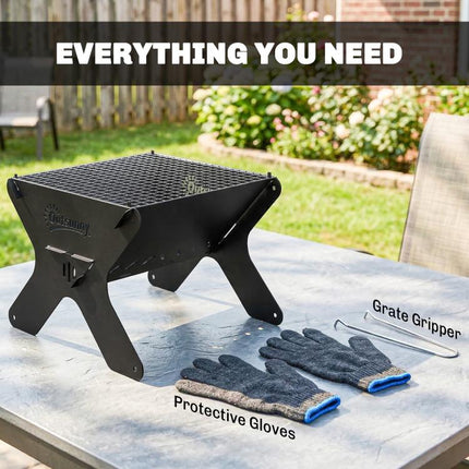 2-In-1 Portable BBQ Grill and Camping Fire Pit, Tabletop Charcoal Barbecue Grill with Gripper, Gloves and Carry Bag