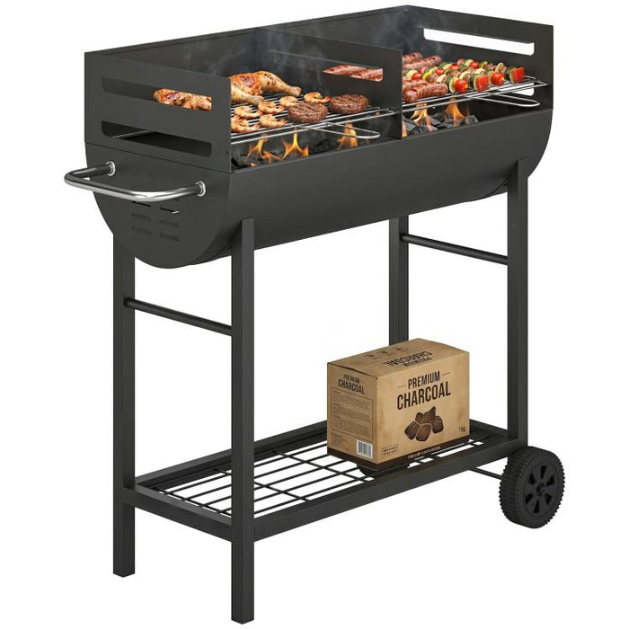 Charcoal BBQ Grill 2 Cooking Areas Height Adjustable Grates Portable Trolley Wheels
