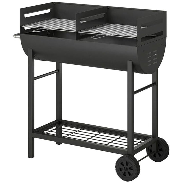 Charcoal BBQ Grill 2 Cooking Areas Height Adjustable Grates Portable Trolley Wheels