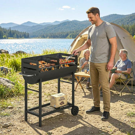 Charcoal BBQ Grill 2 Cooking Areas Height Adjustable Grates Portable Trolley Wheels