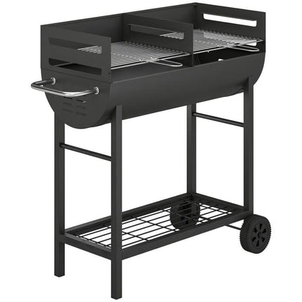 Charcoal BBQ Grill 2 Cooking Areas Height Adjustable Grates Portable Trolley Wheels