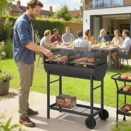 Charcoal BBQ Grill 2 Cooking Areas Height Adjustable Grates Portable Trolley Wheels