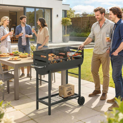 Charcoal BBQ Grill 2 Cooking Areas Height Adjustable Grates Portable Trolley Wheels