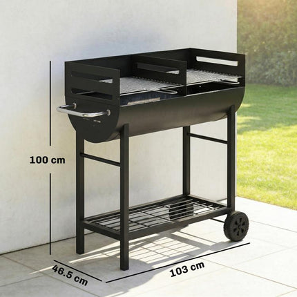 Charcoal BBQ Grill 2 Cooking Areas Height Adjustable Grates Portable Trolley Wheels