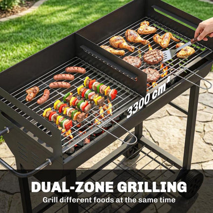 Charcoal BBQ Grill 2 Cooking Areas Height Adjustable Grates Portable Trolley Wheels