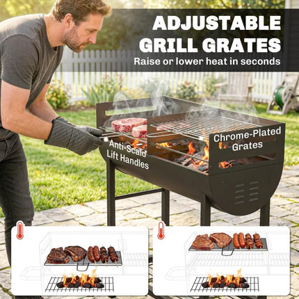 Charcoal BBQ Grill 2 Cooking Areas Height Adjustable Grates Portable Trolley Wheels