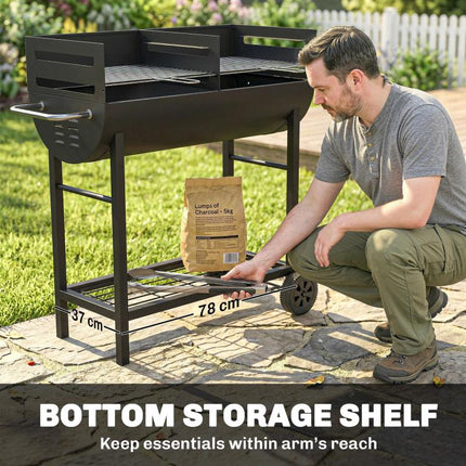 Charcoal BBQ Grill 2 Cooking Areas Height Adjustable Grates Portable Trolley Wheels