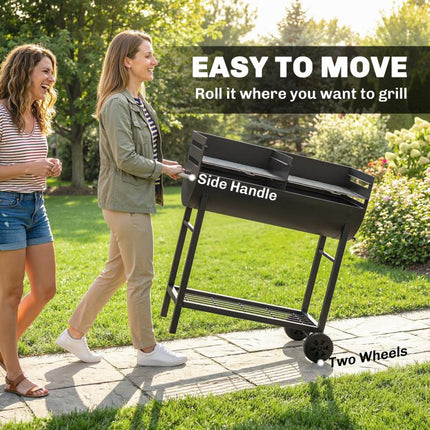 Charcoal BBQ Grill 2 Cooking Areas Height Adjustable Grates Portable Trolley Wheels