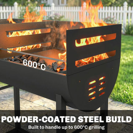 Charcoal BBQ Grill 2 Cooking Areas Height Adjustable Grates Portable Trolley Wheels