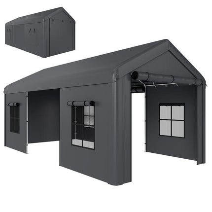 3 x 6 m Heavy Duty Carport, Portable Garage Car Canopy Tent with Galvanised Frame, Doors, Windows, Dark Grey