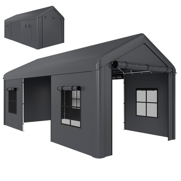 3 x 6 m Heavy Duty Carport, Portable Garage Car Canopy Tent with Galvanised Frame, Doors, Windows, Dark Grey