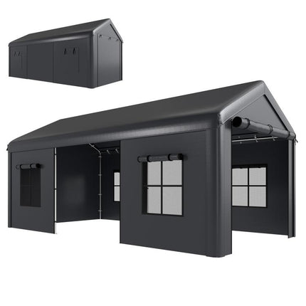 3 x 6 m Heavy Duty Carport, Portable Garage Car Canopy Tent with Galvanised Frame, Doors, Windows, Dark Grey