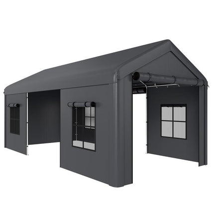 3 x 6 m Heavy Duty Carport, Portable Garage Car Canopy Tent with Galvanised Frame, Doors, Windows, Dark Grey