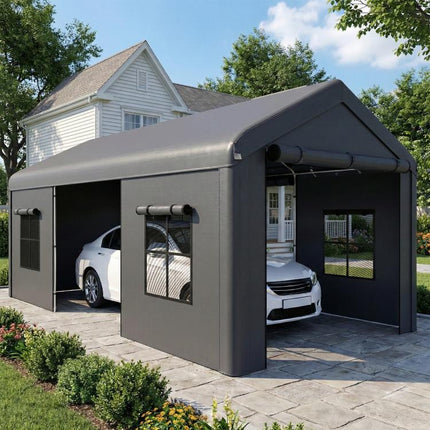3 x 6 m Heavy Duty Carport, Portable Garage Car Canopy Tent with Galvanised Frame, Doors, Windows, Dark Grey