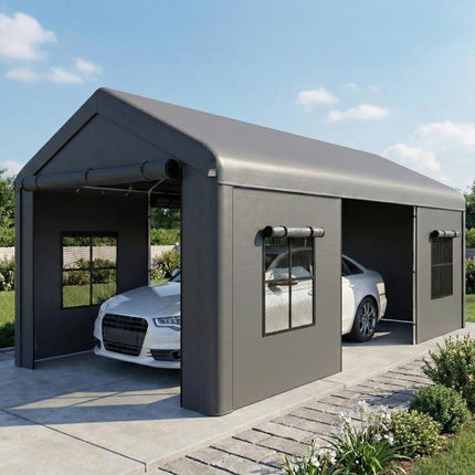 3 x 6 m Heavy Duty Carport, Portable Garage Car Canopy Tent with Galvanised Frame, Doors, Windows, Dark Grey