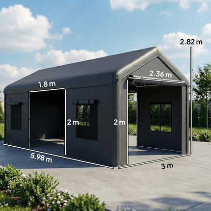 3 x 6 m Heavy Duty Carport, Portable Garage Car Canopy Tent with Galvanised Frame, Doors, Windows, Dark Grey