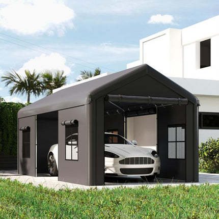 3 x 6 m Heavy Duty Carport, Portable Garage Car Canopy Tent with Galvanised Frame, Doors, Windows, Dark Grey