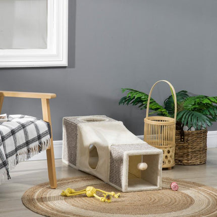 Cat Tunnel, Plush Large Play Tunnel with Two Caves and Hanging Ball, Cream White