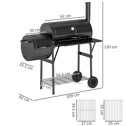 Barbecue Grill Portable Outdoor Charcoal BBQ Grill with Offset Smoker 109 x 60 x 120 cm Black