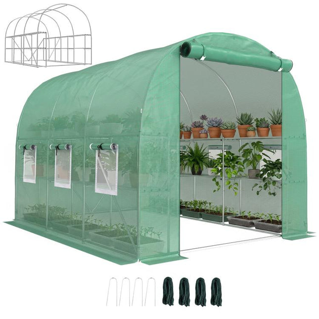 Walk-In Greenhouse with Shelves 275x198x191cm Polytunnel 6 Mesh Windows Green
