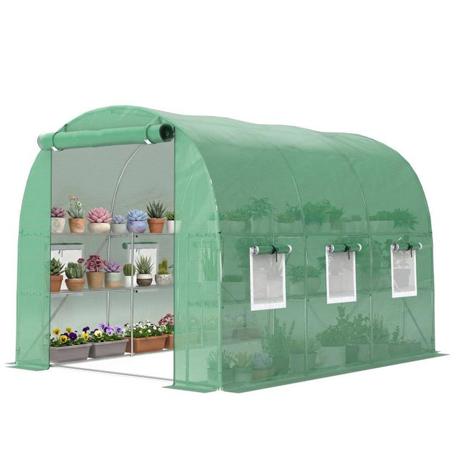 Walk-In Greenhouse with Shelves 275x198x191cm Polytunnel 6 Mesh Windows Green