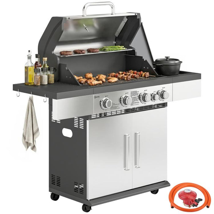 5 Burner Gas BBQ Grill 48000 BTU Side Burner Warming Rack Side Shelf Cabinet