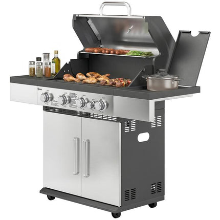 5 Burner Gas BBQ Grill 48000 BTU Side Burner Warming Rack Side Shelf Cabinet