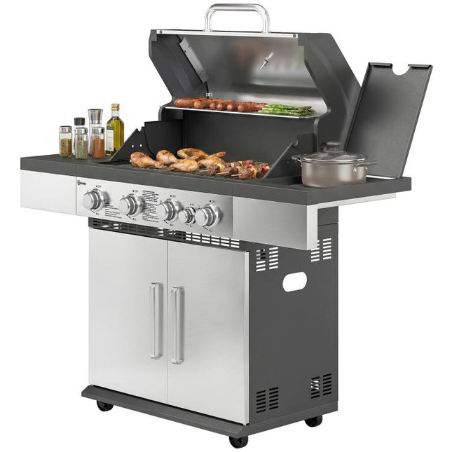 5 Burner Gas BBQ Grill 48000 BTU Side Burner Warming Rack Side Shelf Cabinet