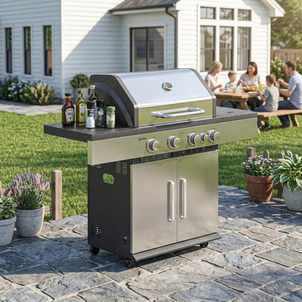 5 Burner Gas BBQ Grill 48000 BTU Side Burner Warming Rack Side Shelf Cabinet