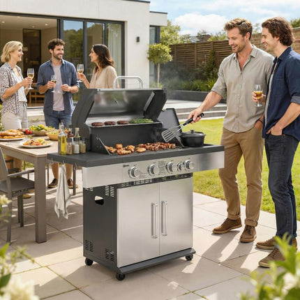 5 Burner Gas BBQ Grill 48000 BTU Side Burner Warming Rack Side Shelf Cabinet