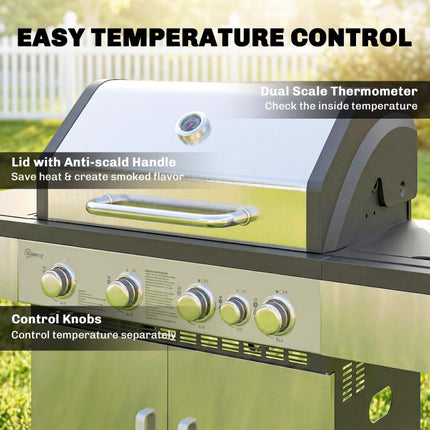 5 Burner Gas BBQ Grill 48000 BTU Side Burner Warming Rack Side Shelf Cabinet