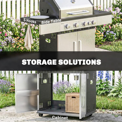 5 Burner Gas BBQ Grill 48000 BTU Side Burner Warming Rack Side Shelf Cabinet