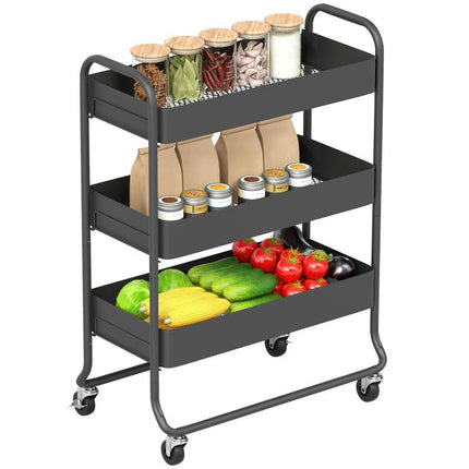 3-Tier Storage Trolley on Wheels, Rolling Utility Cart with Mesh Backets for Kitchen, Bathroom, Bedroom, Black