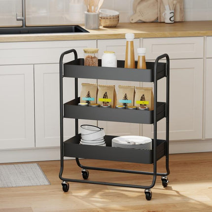 3-Tier Storage Trolley on Wheels, Rolling Utility Cart with Mesh Backets for Kitchen, Bathroom, Bedroom, Black