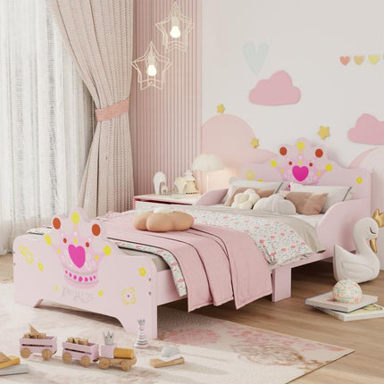 Kids Wooden Princess Crown & Flower Single Bed w/ Safety Side Rails Slats Pink