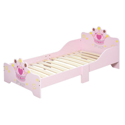 Kids Wooden Princess Crown & Flower Single Bed w/ Safety Side Rails Slats Pink