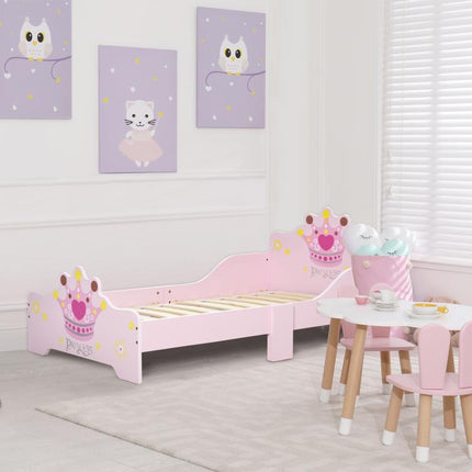 Kids Wooden Princess Crown & Flower Single Bed w/ Safety Side Rails Slats Pink