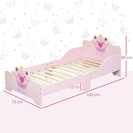 Kids Wooden Princess Crown & Flower Single Bed w/ Safety Side Rails Slats Pink