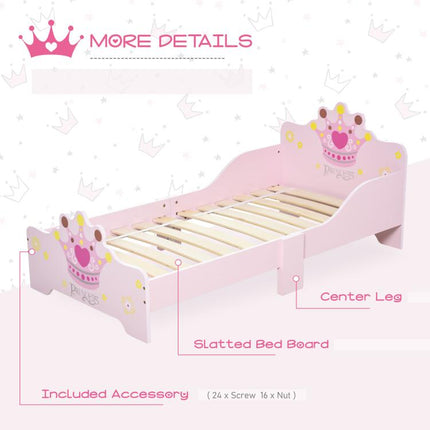 Kids Wooden Princess Crown & Flower Single Bed w/ Safety Side Rails Slats Pink
