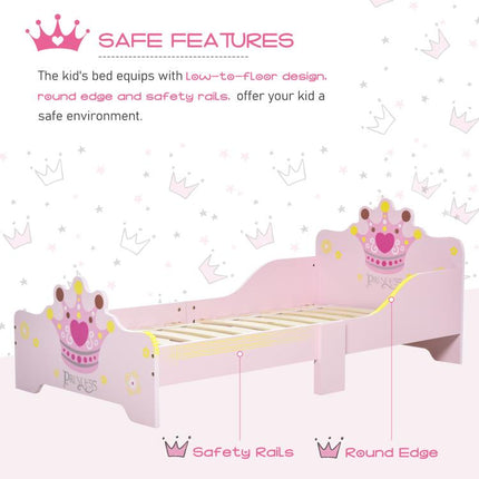 Kids Wooden Princess Crown & Flower Single Bed w/ Safety Side Rails Slats Pink