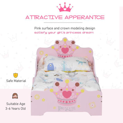 Kids Wooden Princess Crown & Flower Single Bed w/ Safety Side Rails Slats Pink