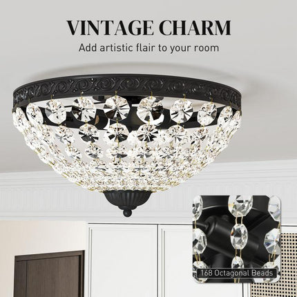 Black Crystal Flush-Mount Ceiling Chandelier with 168 Beads, 2 E14 Sockets