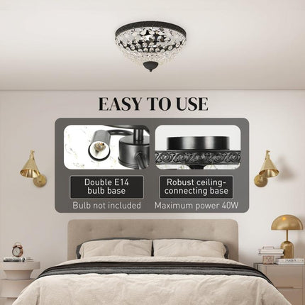 Black Crystal Flush-Mount Ceiling Chandelier with 168 Beads, 2 E14 Sockets