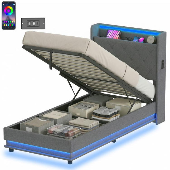 3ft Single Bed Frame with Headboard, Platform Bed Frame with Hydraulic Storage, LED Lights and Charging Station, Grey