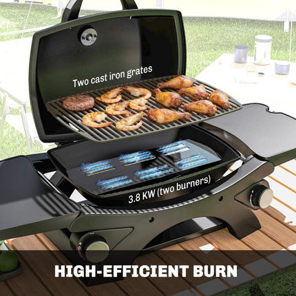 2 Burner Outdoor Gas Barbecue 3.8kW Steel Grill with 2 Detachable Shelves